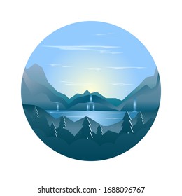 vector waterfall, lake and mountains landscape, cold winter morning illustration