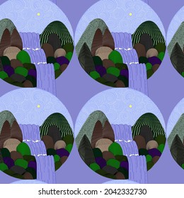 Vector waterfall landscape drawn in a circle. The landscape is drawn with lines and contours. Natural waterfall with mountain stones.
