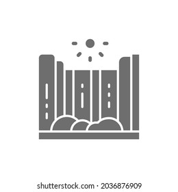 Vector waterfall and mountain landscape grey icon.