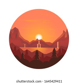 cascada vectorial y montañas al atardecer ilustración en forma de círculo, paisaje natural plano