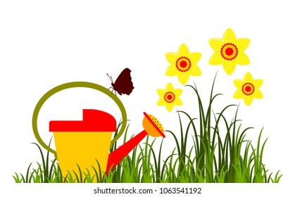 vector watering can with butterfly and daffodils in grass isolated on white background