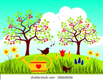 vector watering can and couple of birds in spring garden