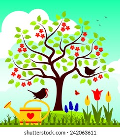 vector watering can and couple of birds in spring garden