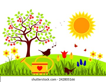 vector watering can and couple of birds in spring garden