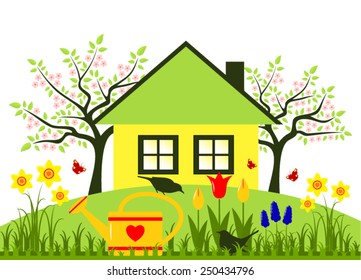 vector watering can and couple of birds in spring garden