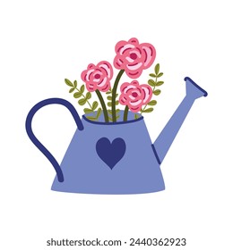Vector watering can with flowers. Cute illustration on Spring theme. Hand drawn style. White isolated background. 