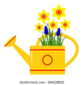 vector watering can and spring flowers isolated on white background