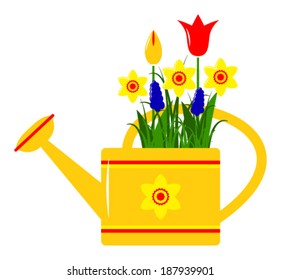 vector watering can and spring flowers isolated on white background
