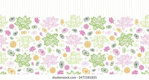 Vector waterlilies or lotuses horizontal border with vertical stripes. Great for oriental invitation cards design.