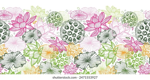 Vector waterlilies or lotuses seamless background and detailed lily pads horizontal border. Great for oriental invitation cards design.