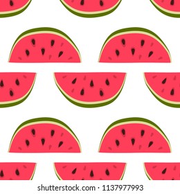 Vector watermelon background with black seeds. Seamless watermelons pattern. Vector background with watercolor watermelon slices. Cute seamless vector pattern with watermelons.