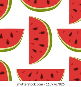 Vector watermelon background with black seeds. Seamless watermelons pattern. Vector background with watercolor watermelon slices. Cute seamless vector pattern with watermelons.