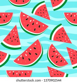 Vector watermelon background with black seeds. Seamless watermelons pattern. Vector background with watercolor watermelon slices. Cute seamless vector pattern with watermelons.