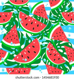 Vector watermelon background with black seeds. Seamless watermelons pattern. Vector background with watercolor watermelon slices. Cute seamless vector pattern with watermelons.