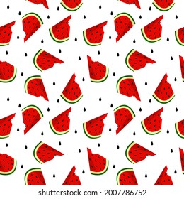 Vector watermelon background with black seeds. Seamless watermelons pattern. Vector background with watermelon slices. Vector seamless pattern of fruit watermelon