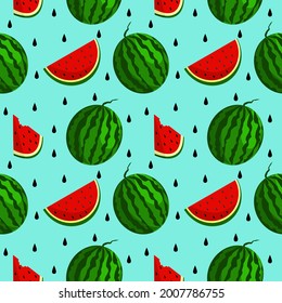 Vector watermelon background with black seeds. Seamless watermelons pattern. Vector background with watermelon slices. Vector seamless pattern of fruit watermelon