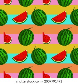Vector watermelon background with black seeds. Seamless watermelons pattern. Vector background with watermelon slices. Cute seamless vector pattern with watermelons. Colorful background.