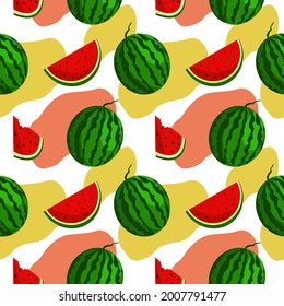 Vektorwassermelonhintergrund mit schwarzen Samen. Nahtlose Wassermelonen-Muster. Vektorhintergrund mit Wassermelonscheiben. Nahtlose Vektormuster mit Wassermelonen. Farbiger Hintergrund.
