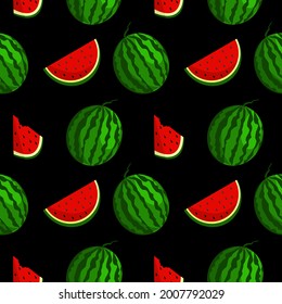 Vector watermelon background with black seeds. Seamless watermelons pattern. Vector background with watermelon slices. Cute seamless vector pattern with watermelons. Black background.