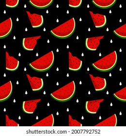 Vector watermelon background with black seeds. Seamless watermelons pattern. Vector background with watermelon slices. Cute seamless vector pattern with watermelons. Black background.