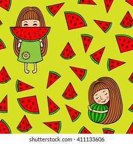 Vector watermelon background. Girl eating watermelon. Girl hugging a watermelon. Watermelon slices form a seamless pattern.