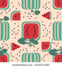 Vector watermelon background with  seeds. Seamless watermelons pattern. Summer exotic fruit  pattern.