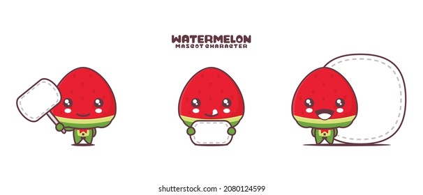 vector watermelon cartoon mascot, with blank board banner, isolated on a white background.