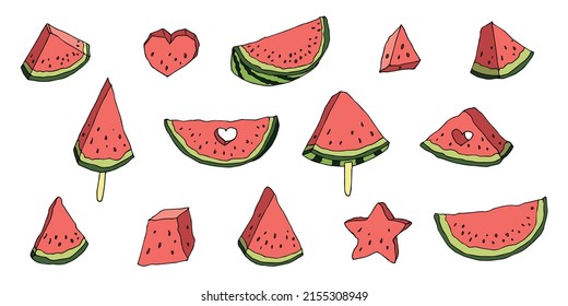 Clíparte de la sandía vectora. Juego de iconos de la sandía dibujada a mano. Ilustración de fruta. Para imprimir, web, diseño, decoración, logotipo.