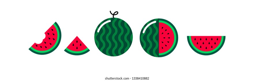 Vector watermelon flat icons set isolated on white background. Cartoon watermelon cute and kawaii style. Funny water melon illustration. Whole, slice, half fresh healthy summer fruits icons. EPS10