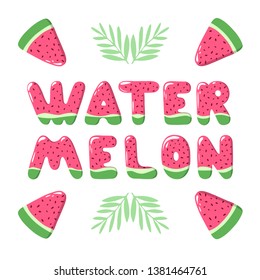 Vector watermelon font on white background with cute cartoon signs