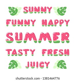 Vector watermelon font on white background with cute cartoon signs