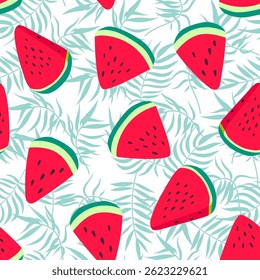 Vector watermelon hand drawn seamless pattern. Summer fruits and palm leaves print. Watermelon red triangle slices, palm leaf repeat texture on white background for fabric, textile, tropical decor.