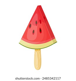 Vector watermelon Ice cream is a frozen dessert with seeds. Fruit Ice cream on stick. Cold summer dessert fruity popsicle. Hand drawn flat style isolated, cheerful and summery appearance illustration