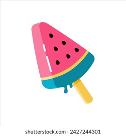 Vector helado de sandía en palo. Sandías frescas y jugosas. Pollo de frutas, hielo. Ilustración de dibujos animados plana de verano lindo brillante en color rosa.