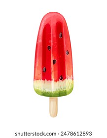 Vector watermelon ice cream with seeds in a watercolor style isolated on a white background.