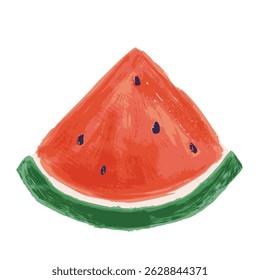 Vector watermelon icon, illustration of triangle watermelon slice isolated of white background, summer painting oil hand drawn art for kids in sketch style, traditional painting