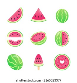 Vector watermelon icon set isolated on white background. Colorful summer elements