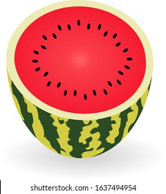 Vector watermelon icon with shadow isolated on white background. Fresh and juicy half watermelon.