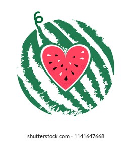 Vector watermelon isolated on white background. Summer fruit whole and sliced. Slice shape of red heart with black seeds. Cartoon style illustration. Icon and logo design. Farm market menu design.