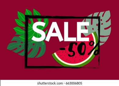 Vector watermelon and monstera leaves, black frame on red. Watermelon slice and tropical leaves sale 50% banner, botanical border, floral design. Discount poster background, trendy exotic frame.