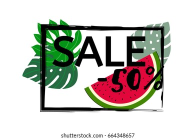 Vector watermelon and monstera leaves, black frame on white. Watermelon slice and tropical leaves sale 50% banner, botanical border, floral design. Discount poster background, trendy exotic frame.