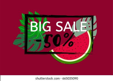 Vector watermelon and monstera leaves, black frame on red. Watermelon slice and tropical leaves big sale 50% banner, botanical border, floral design. Discount poster background, trendy exotic frame.