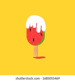 Vector watermelon on yellow background.Holiday Vector Illustration.Summer copy space.Red watermelon Ice cream Summer concept.