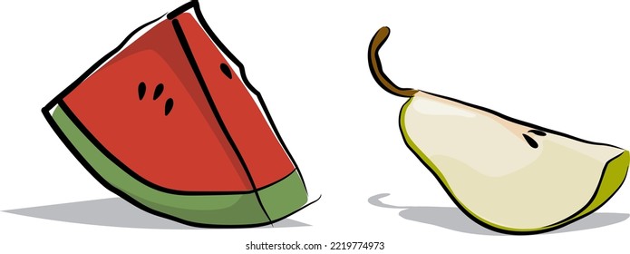 vector de sandía y pera sobre un fondo blanco, con un contorno abstracto
