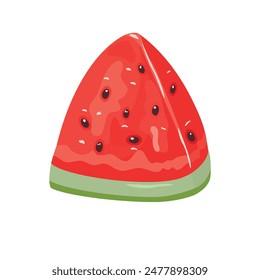 Vector watermelon piece isolated on white background.Summer season card with colorful juicy fruit.Fresh and sweet pulp with shiny seeds.Design for poster,sticker,print.Food illustration in flat style.