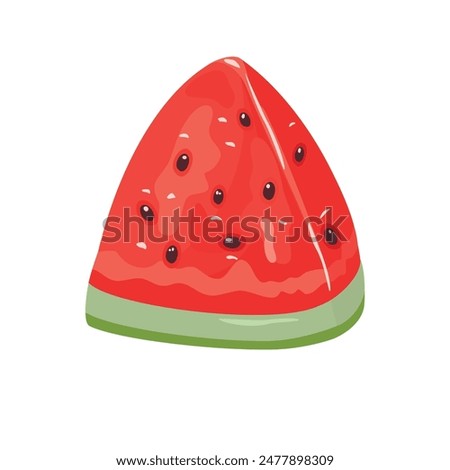 Vector watermelon piece isolated on white background.Summer season card with colorful juicy fruit.Fresh and sweet pulp with shiny seeds.Design for poster,sticker,print.Food illustration in flat style.