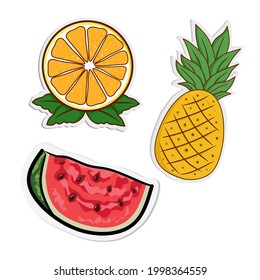 Vector watermelon, pineapple and orange or lemon in a paper cutout style with an outline and bright color, summer fruits, perfect for stickers or stuff of summer. Vector