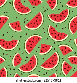 vector watermelon seamless background pattern. watermelon slices and watermelon seeds isolated on green seamless background. 