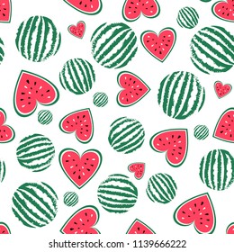 Vector watermelon seamless pattern. Background for summer. Food vector texture. Sliced fruit, red heart of watermelon. Summel wallpaper. Fits for t-shirt print design, bag, textil.