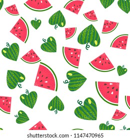 Vector watermelon seamless pattern. Background for summer. Food vector texture. Sliced red fruit, green heart of watermelon. Summer wallpaper. Fits for t-shirt print design, bag, textil.